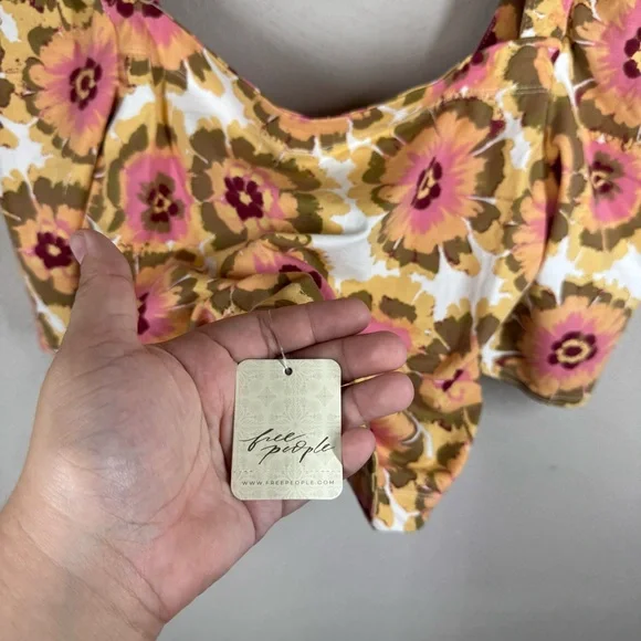 NWT Free People LARGE Give Me More Top in Ivory Combo Puff Sleeve Boho Crop Top - Picture 4 of 12